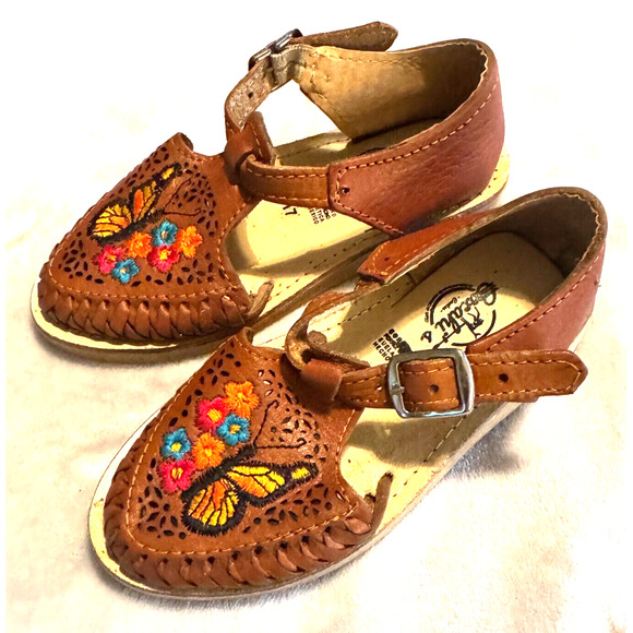 Huaraches Mexican Handmade Little Girls Embroidered Leather Sandals US 11 MX 17 - Picture 1 of 5